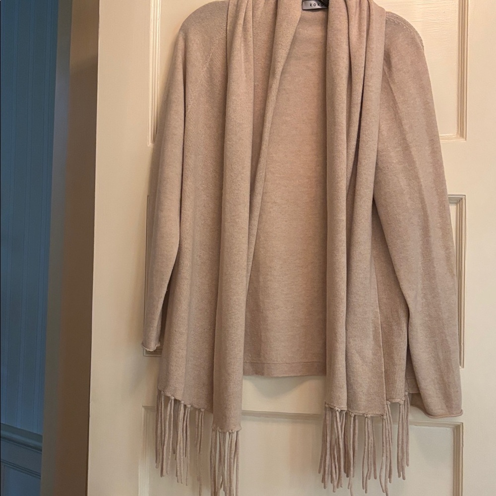 Kokun fringed beige wool and cashmere blend cardigan sweater size large